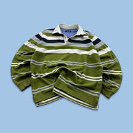 VINTAGE Y2K STRIPED LONG SLEEVE RUGBY POLO SHIRT GREEN