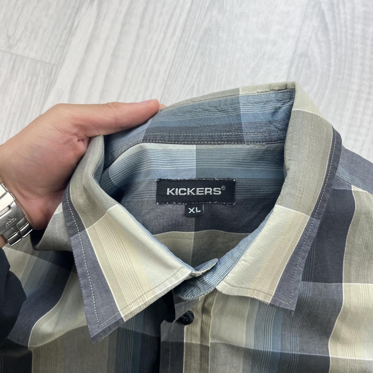 VINTAGE 00s KICKERS CHECKERED CROPPED SHORT SLEEVE BUTTON UP SHIRT BLUE / BEIGE
