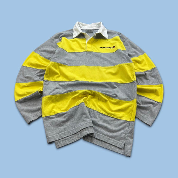 VINTAGE Y2K BACARDI STRIPED LONG SLEEVE RUGBY POLO SHIRT YELLOW / GREY