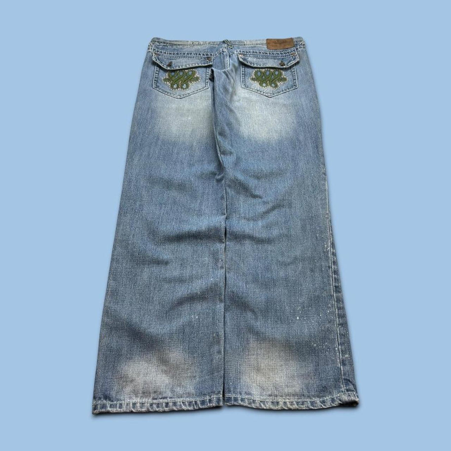 VINTAGE Y2K AKOO BAGGY EMBROIDERED JEANS BLUE