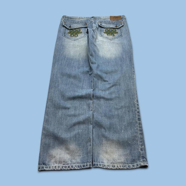 VINTAGE Y2K AKOO BAGGY EMBROIDERED JEANS BLUE