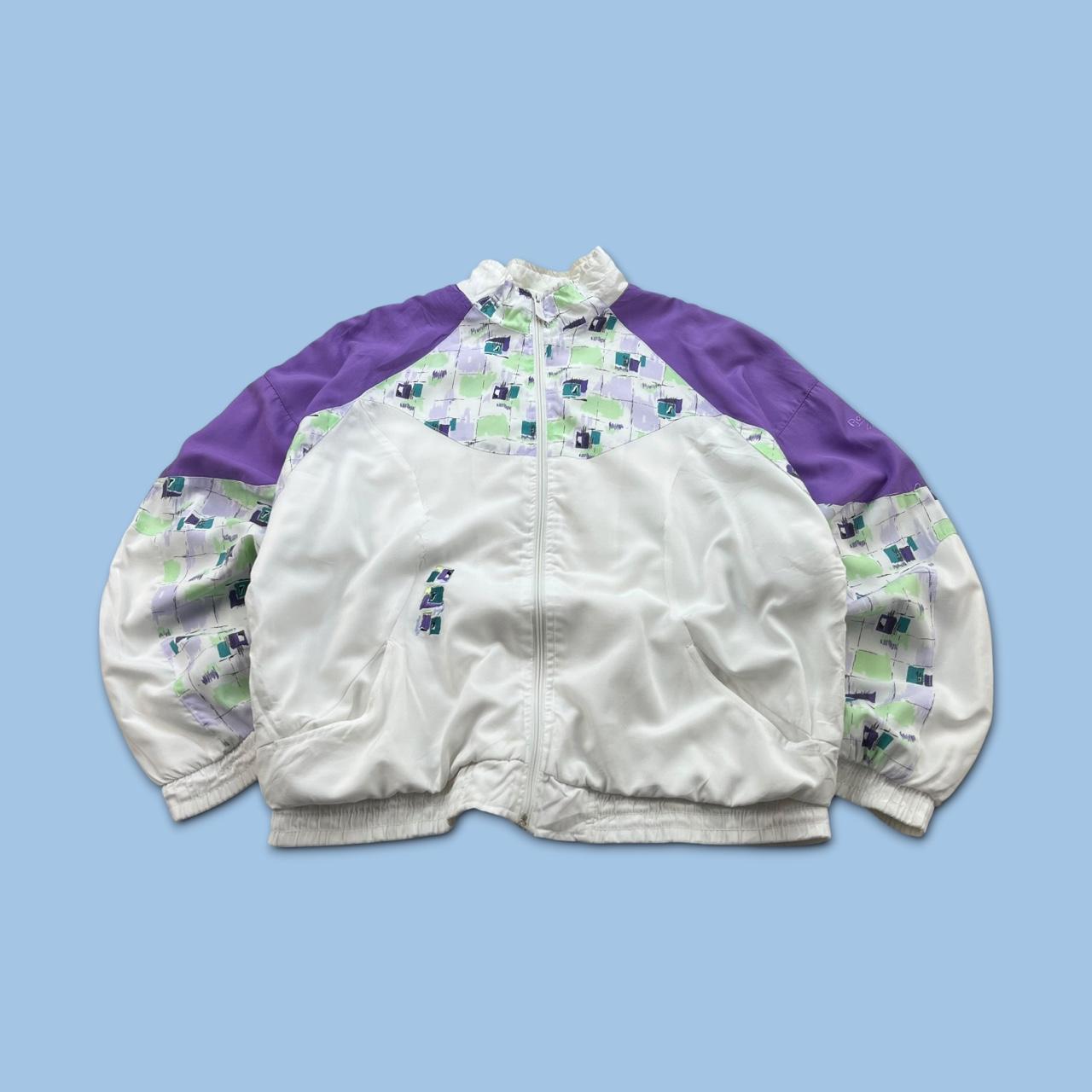 VINTAGE 90s REEBOK GEOMETRIC GRAPHIC WINDBREAKER JACKET WHITE / PURPLE