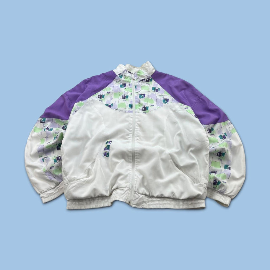 VINTAGE 90s REEBOK GEOMETRIC GRAPHIC WINDBREAKER JACKET WHITE / PURPLE