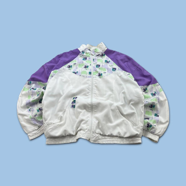 VINTAGE 90s REEBOK GEOMETRIC GRAPHIC WINDBREAKER JACKET WHITE / PURPLE