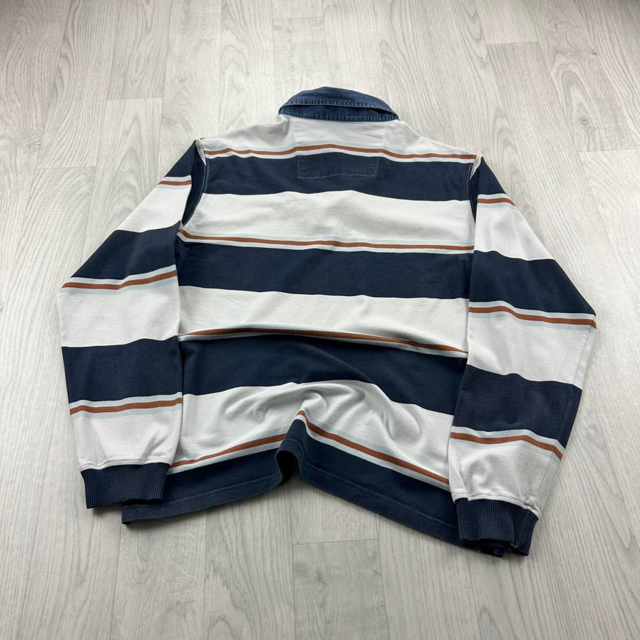 VINTAGE Y2K STRIPED LONG SLEEVE RUGBY POLO SHIRT NAVY / WHITE