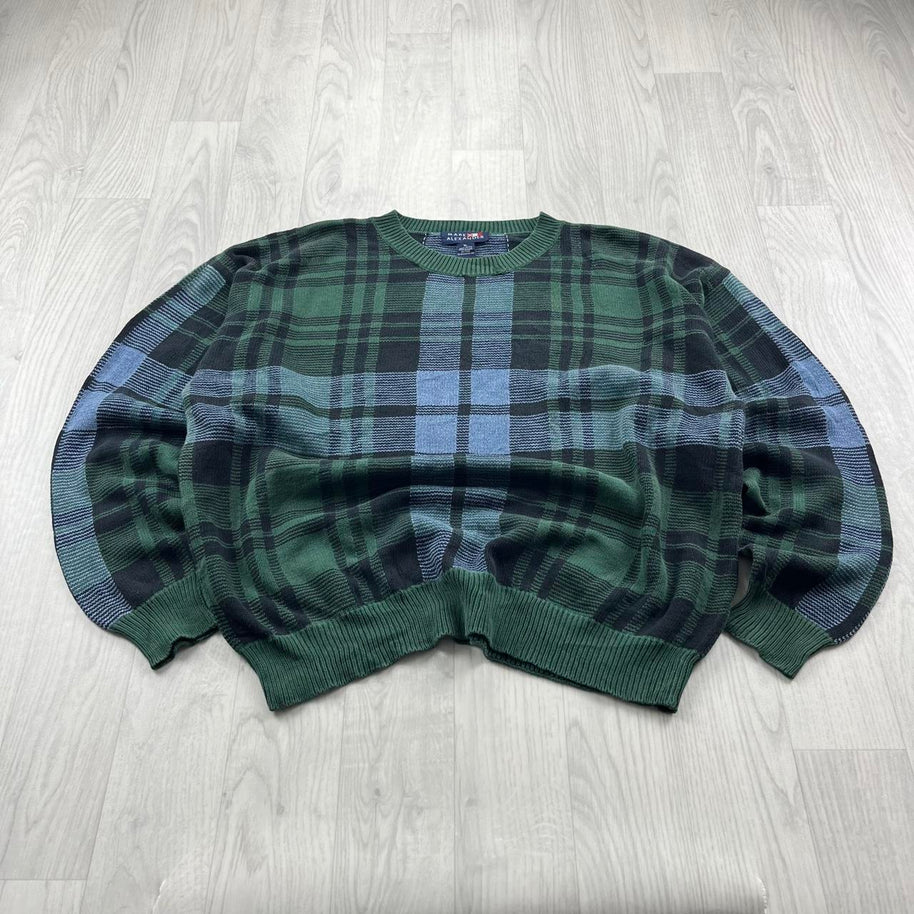 VINTAGE 90s CHECKERED PATTERN KNITTED JUMPER GREEN / BLUE