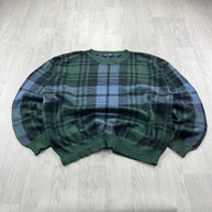 VINTAGE 90s CHECKERED PATTERN KNITTED JUMPER GREEN / BLUE