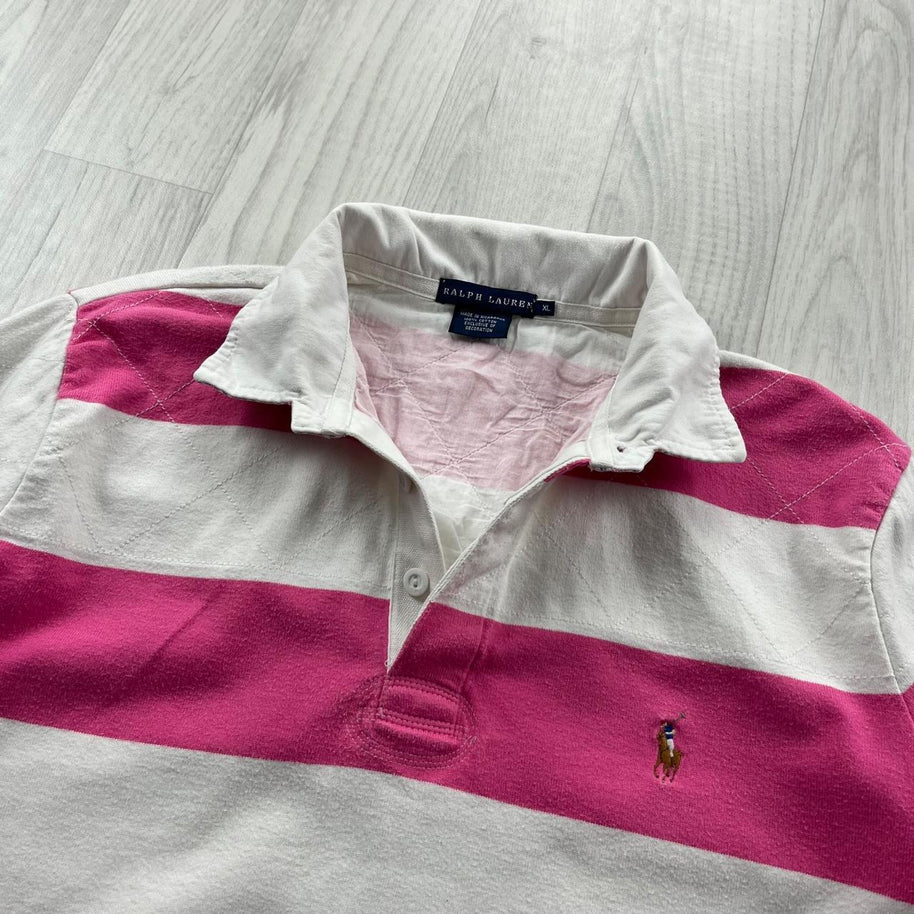 VINTAGE Y2K RALPH LAUREN STRIPED LONG SLEEVE RUGBY POLO SHIRT PINK WHITE