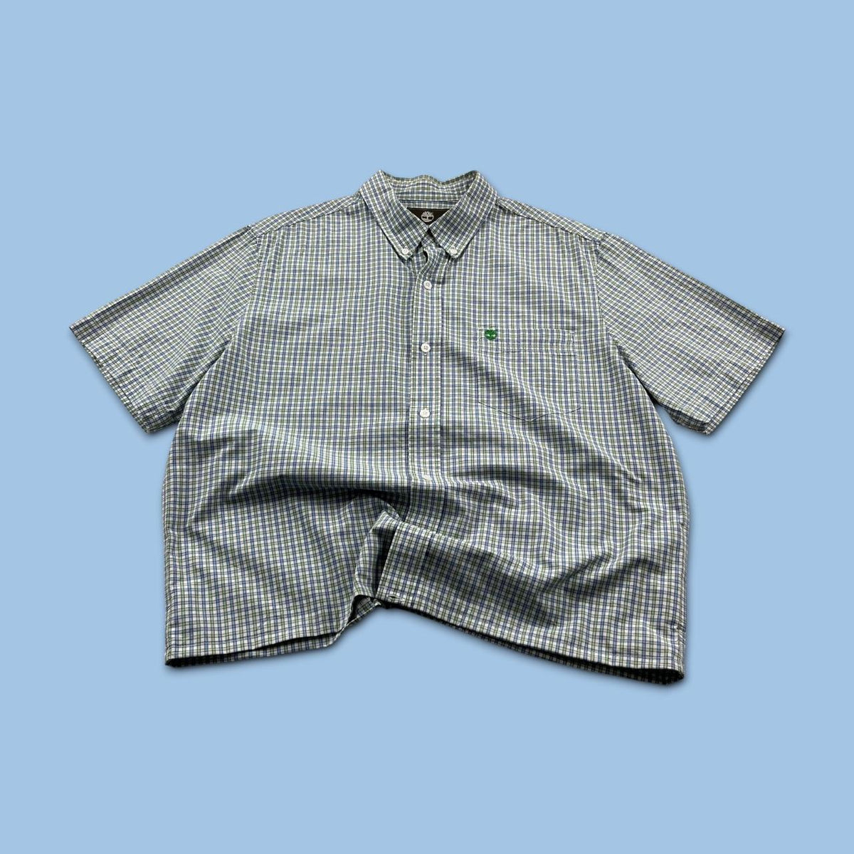 VINTAGE 00s TIMBERLAND CHECKERED CROPPED SHORT SLEEVE BUTTON UP SHIRT GREEN