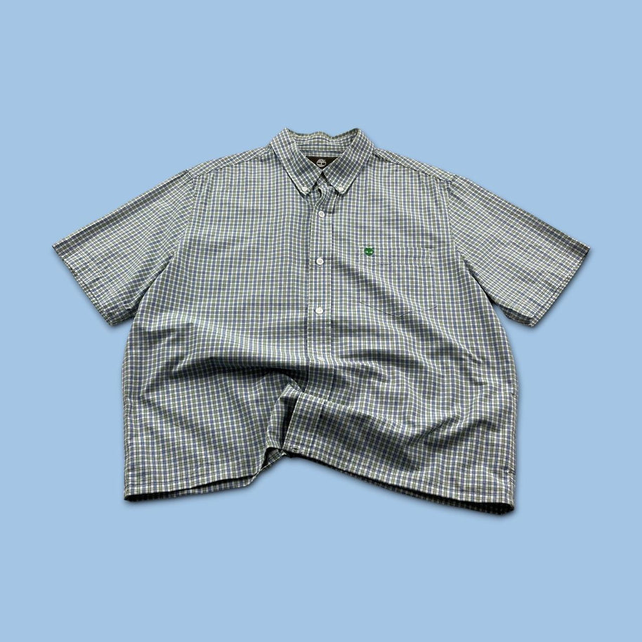 VINTAGE 00s TIMBERLAND CHECKERED CROPPED SHORT SLEEVE BUTTON UP SHIRT GREEN