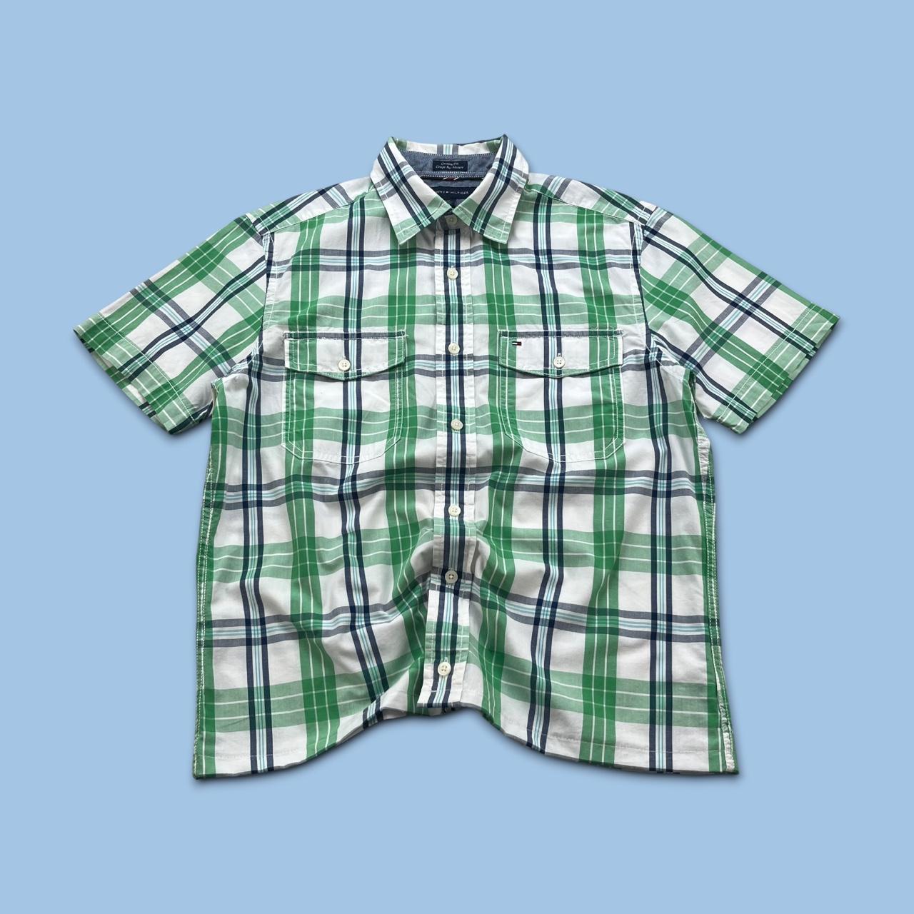 VINTAGE 00s TOMMY HILFIGER CHECKERED CROPPED SHORT SLEEVE BUTTON UP SHIRT GREEN