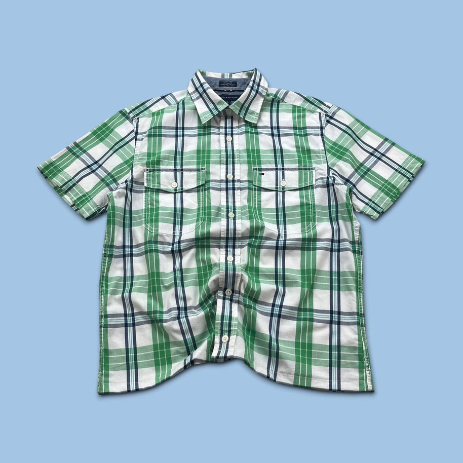 VINTAGE 00s TOMMY HILFIGER CHECKERED CROPPED SHORT SLEEVE BUTTON UP SHIRT GREEN