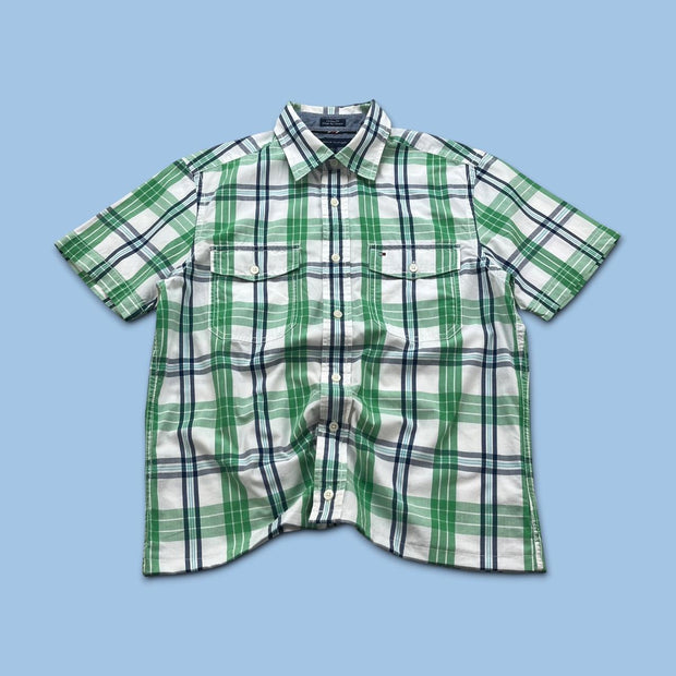 VINTAGE 00s TOMMY HILFIGER CHECKERED CROPPED SHORT SLEEVE BUTTON UP SHIRT GREEN