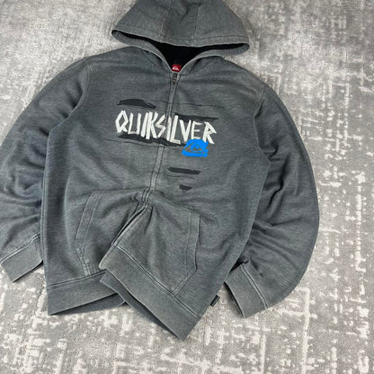 VINTAGE Y2K QUIKSILVER GRAPHIC FLEECE LINED ZIP UP HOODIE GREY