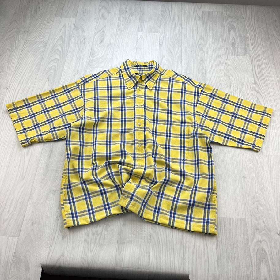VINTAGE 00s GANT CHECKERED CROPPED SHORT SLEEVE BUTTON UP SHIRT YELLOW