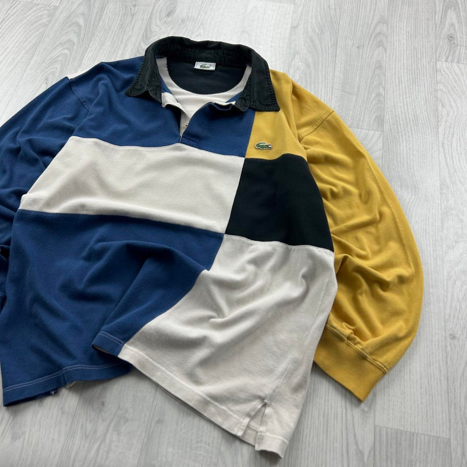 VINTAGE Y2K LACOSTE COLOUR BLOCK LONG SLEEVE RUGBY POLO SHIRT NAVY