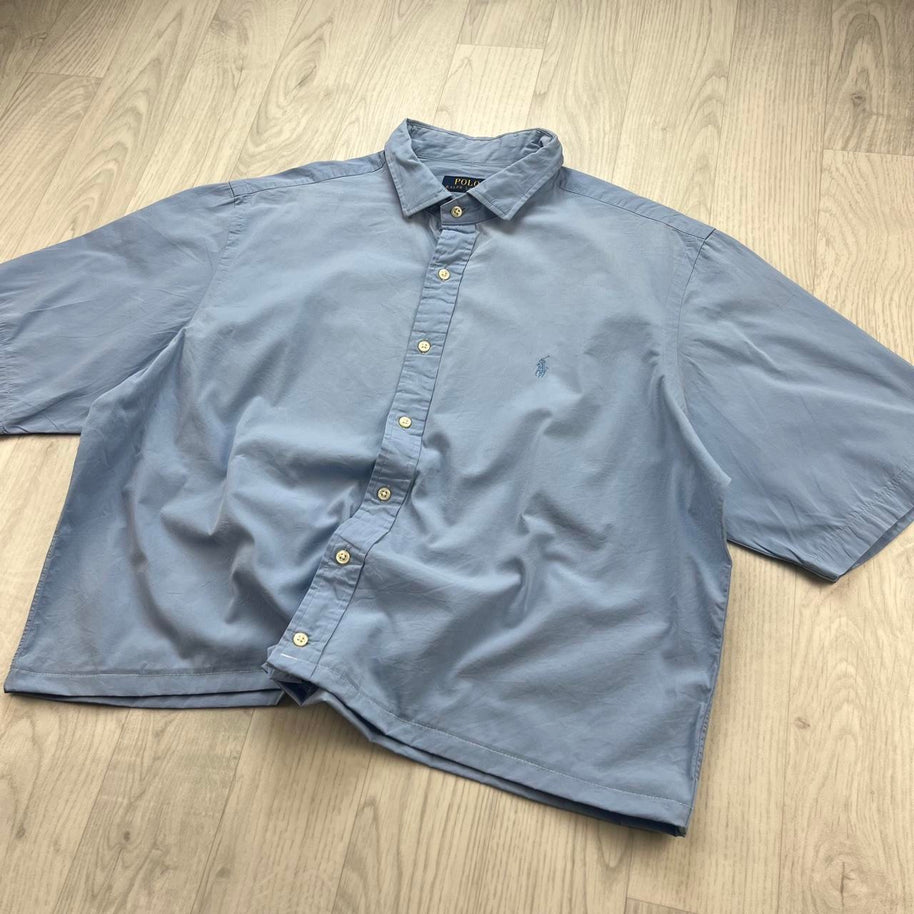 VINTAGE 00s RALPH LAUREN PLAIN CROPPED SHORT SLEEVE BUTTON UP SHIRT BLUE