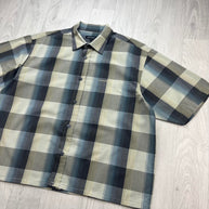 VINTAGE 00s KICKERS CHECKERED CROPPED SHORT SLEEVE BUTTON UP SHIRT BLUE / BEIGE