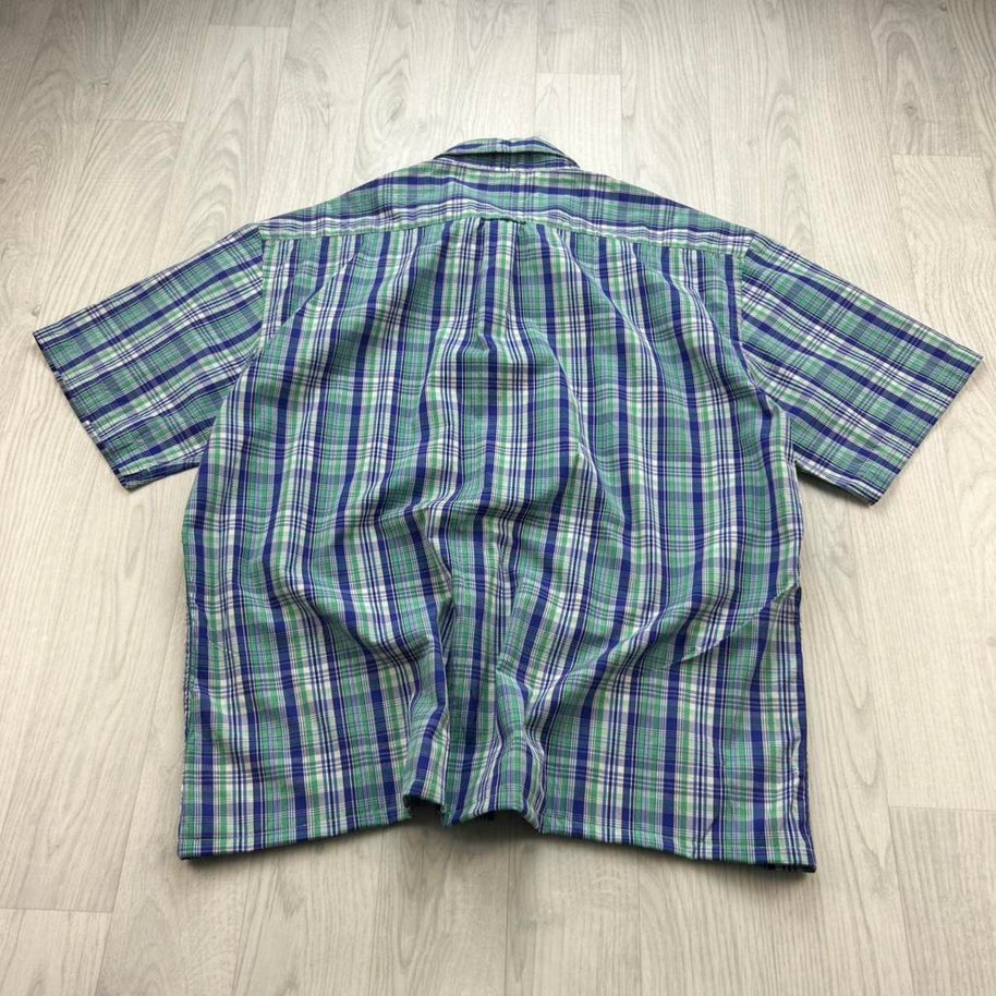 VINTAGE 00s GANT CHECKERED CROPPED SHORT SLEEVE BUTTON UP SHIRT GREEN / BLUE