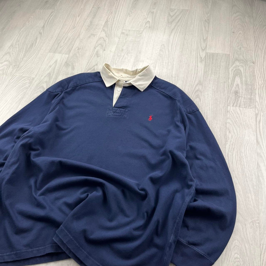 VINTAGE Y2K RALPH LAUREN PLAIN LONG SLEEVE RUGBY POLO SHIRT NAVY