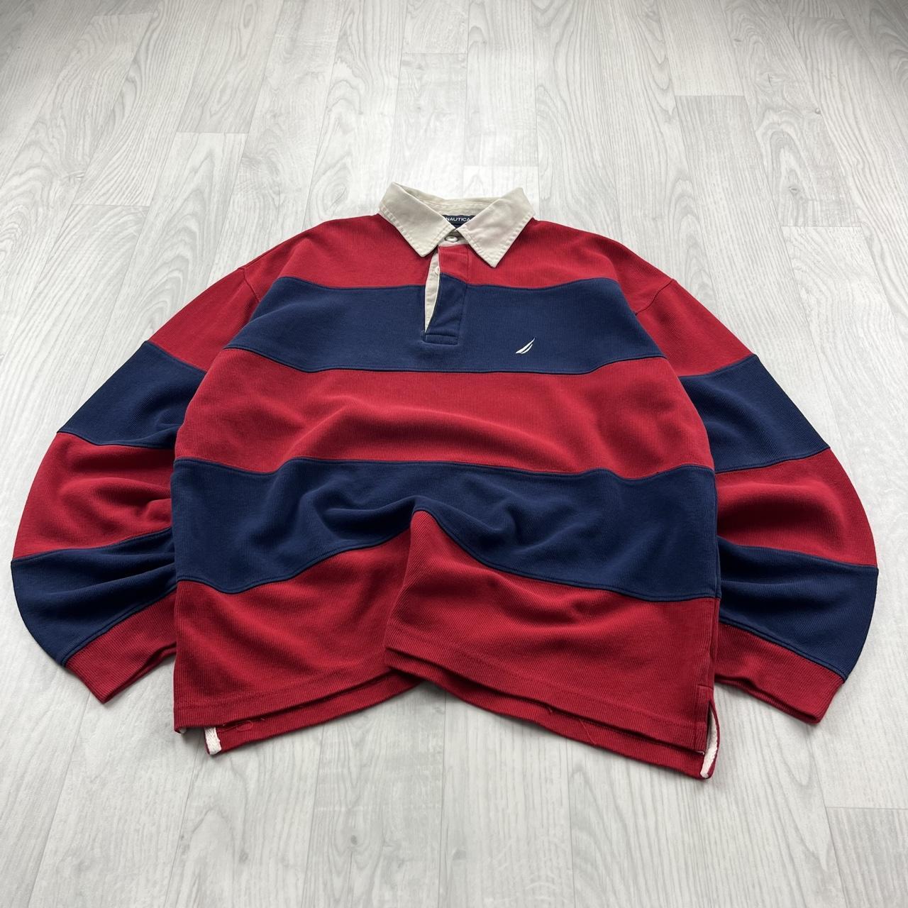 VINTAGE Y2K NAUTICA STRIPED LONG SLEEVE RUGBY POLO SHIRT RED / NAVY