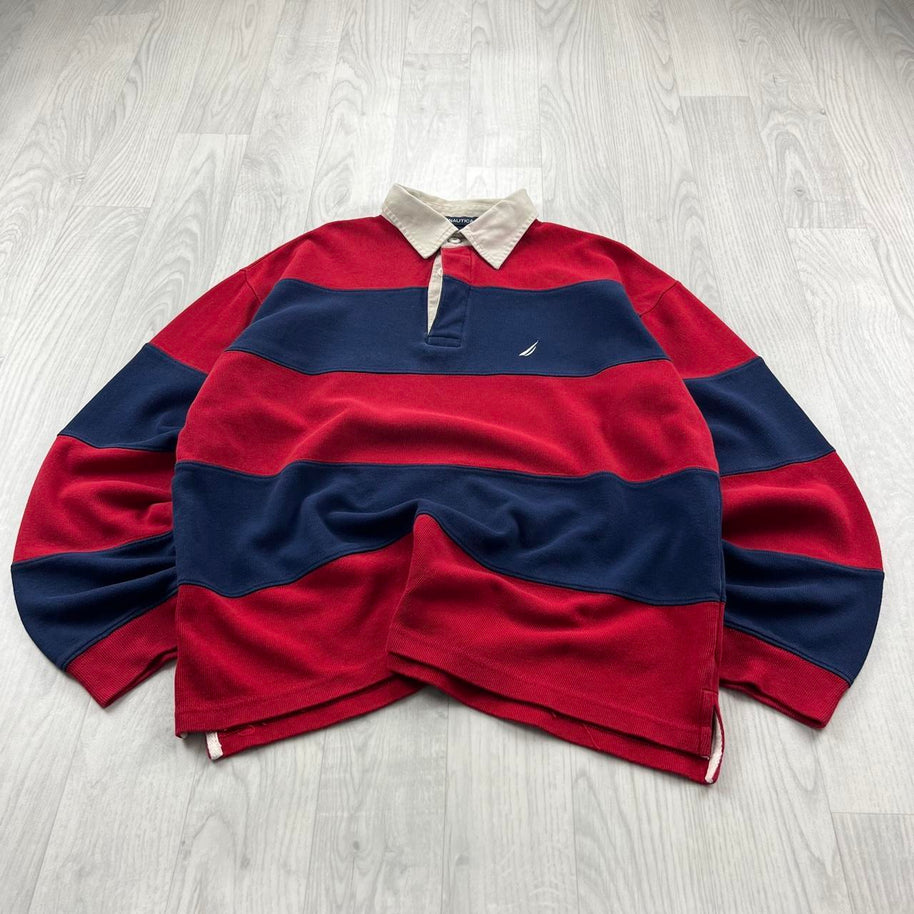 VINTAGE Y2K NAUTICA STRIPED LONG SLEEVE RUGBY POLO SHIRT RED / NAVY