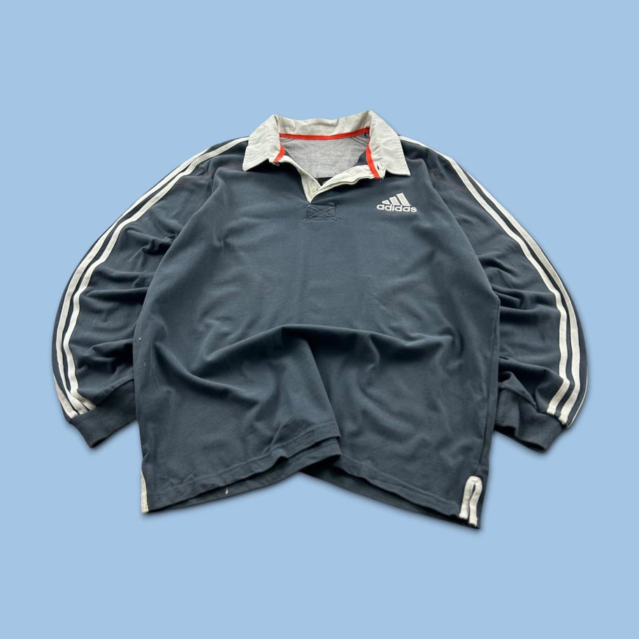 VINTAGE Y2K ADIDAS LONG SLEEVE RUGBY POLO SHIRT GREY