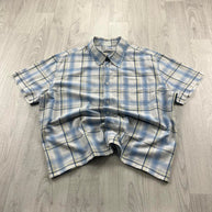 VINTAGE 00s FISHBONE CHECKERED CROPPED SHORT SLEEVE BUTTON UP SHIRT WHITE BLUE