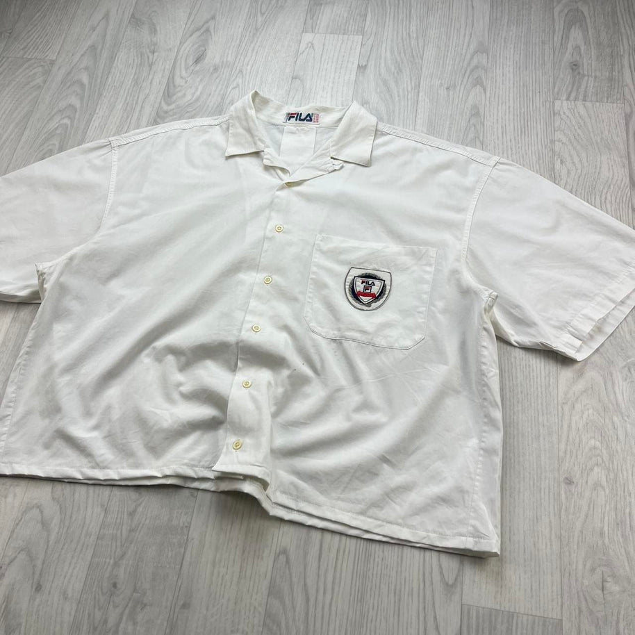 VINTAGE 00s FILA PLAIN CROPPED SHORT SLEEVE BUTTON UP SHIRT WHITE
