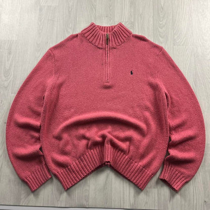 VINTAGE Y2K POLO RALPH LAUREN CHUNKY QUARTER ZIP KNITTED JUMPER PINK