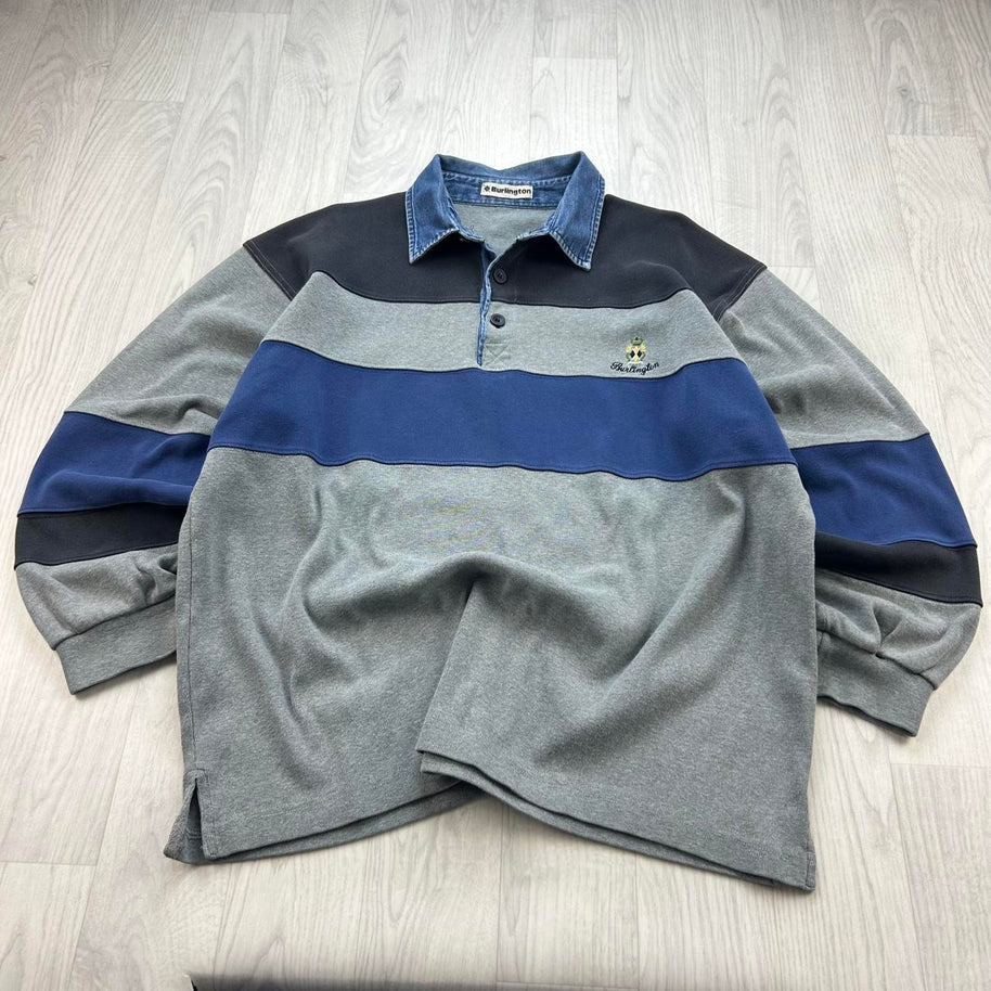 VINTAGE Y2K STRIPED LONG SLEEVE RUGBY POLO SHIRT GREY