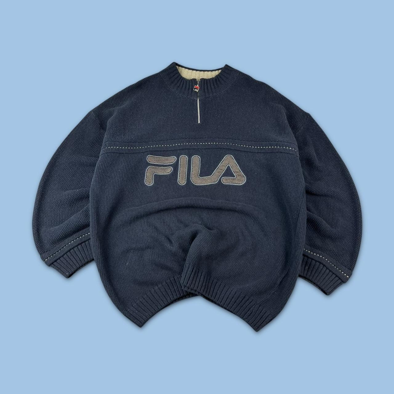VINTAGE Y2K FILA QUARTER ZIP HEAVY KNITTED JUMPER NAVY
