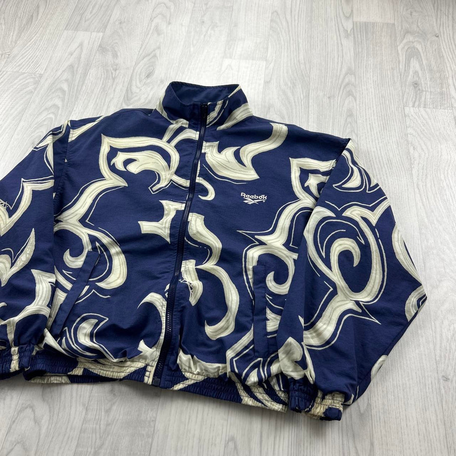 VINTAGE 90s REEBOK LIGHTWEIGHT FUNKY GRAPHIC JACKET NAVY / CREAM