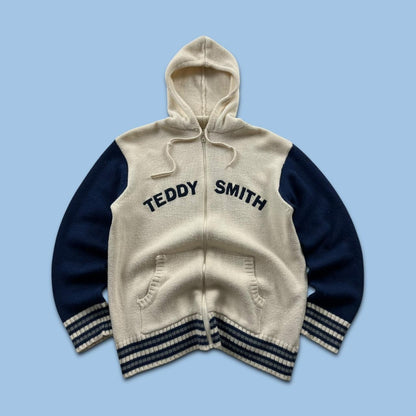 VINTAGE Y2K TEDDY SMITH CHUNKY ZIP KNITTED HOODIE CREAM