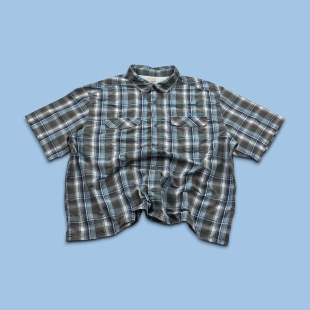 VINTAGE 00s COLUMBIA GINGHAM CROPPED SHORT SLEEVE BUTTON UP SHIRT BLUE / GREY
