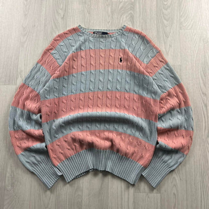 VINTAGE Y2K POLO RALPH LAUREN CHUNKY STRIPED CABLE KNITTED JUMPER PINK BLUE