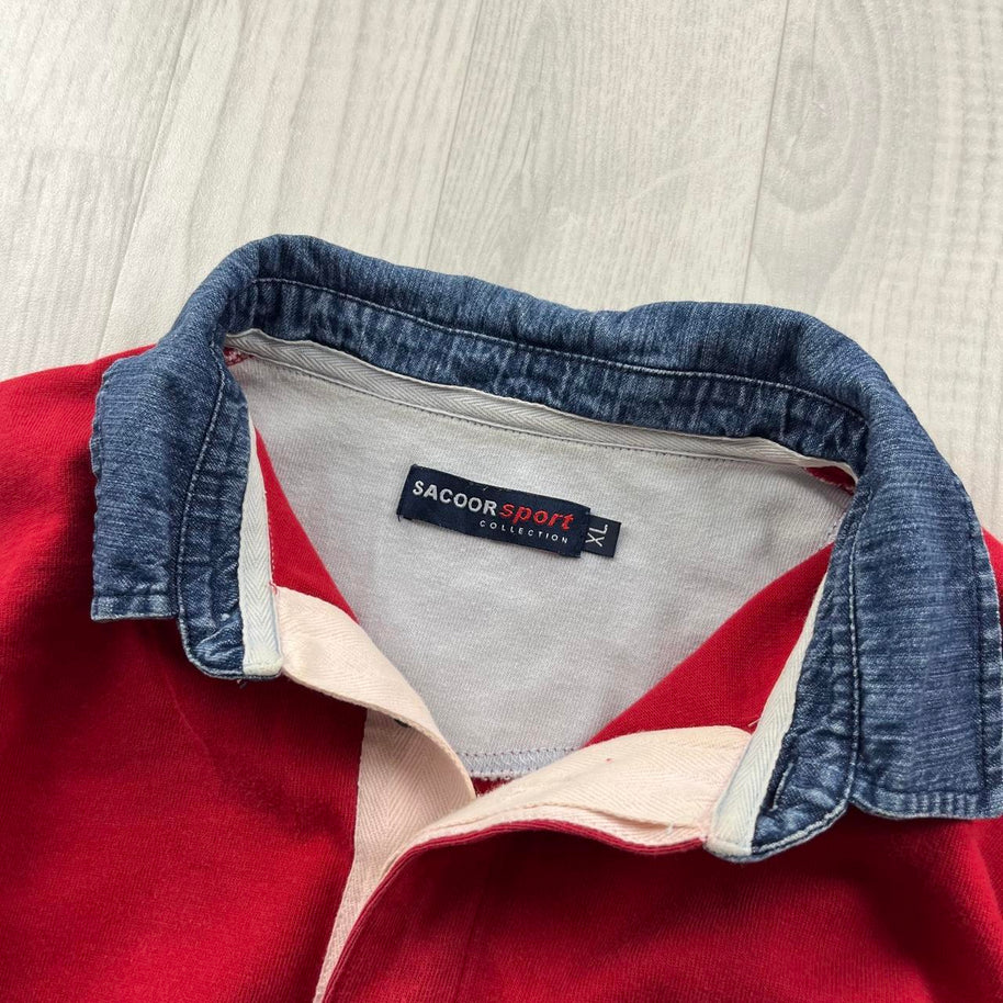 VINTAGE Y2K STRIPED LONG SLEEVE RUGBY POLO SHIRT RED