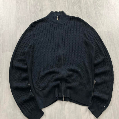 VINTAGE Y2K TOMMY HILFIGER CABLE ZIP KNITTED JUMPER NAVY