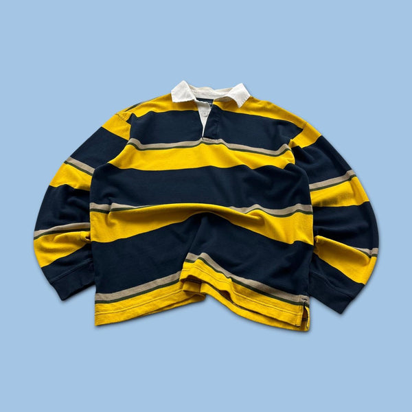 VINTAGE Y2K STRIPED LONG SLEEVE RUGBY POLO SHIRT YELLOW NAVY