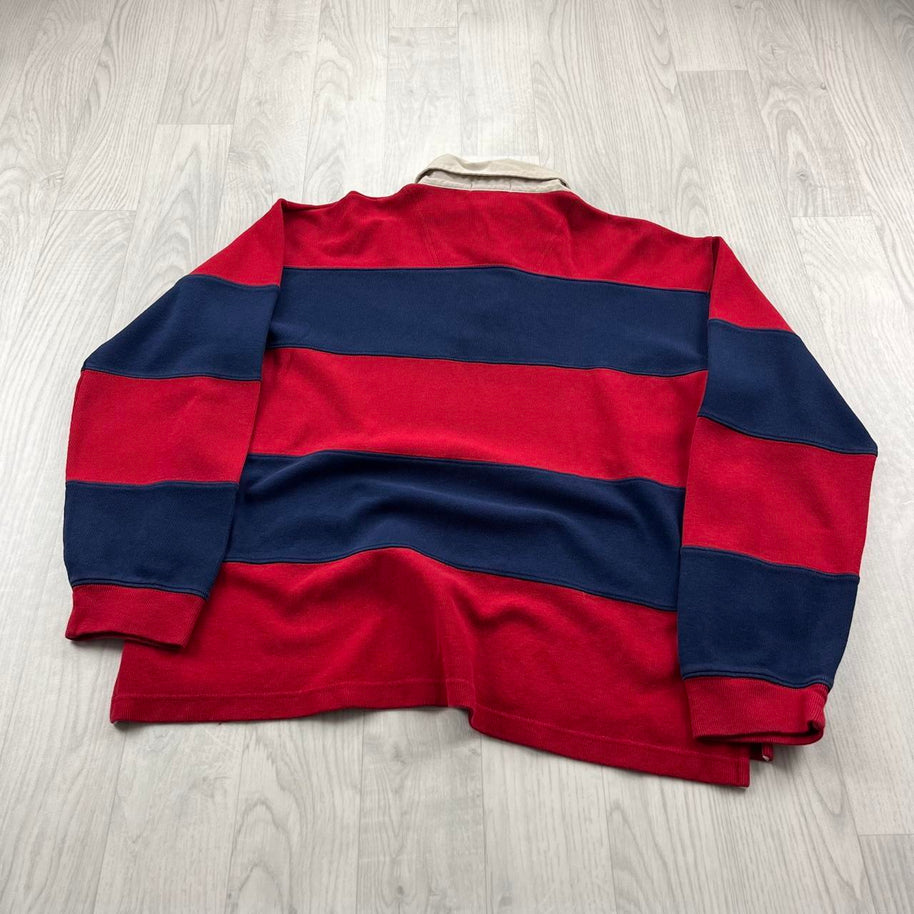 VINTAGE Y2K NAUTICA STRIPED LONG SLEEVE RUGBY POLO SHIRT RED / NAVY