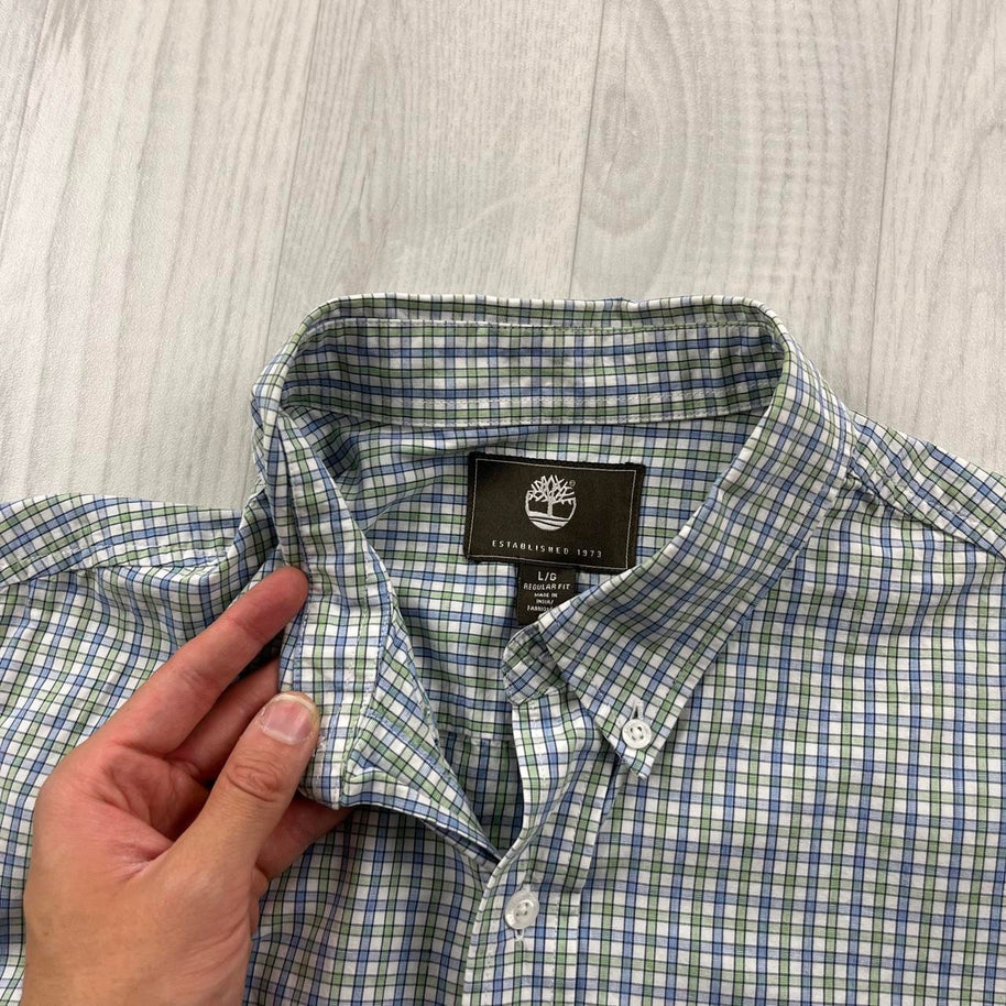 VINTAGE 00s TIMBERLAND CHECKERED CROPPED SHORT SLEEVE BUTTON UP SHIRT GREEN