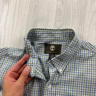 VINTAGE 00s TIMBERLAND CHECKERED CROPPED SHORT SLEEVE BUTTON UP SHIRT GREEN