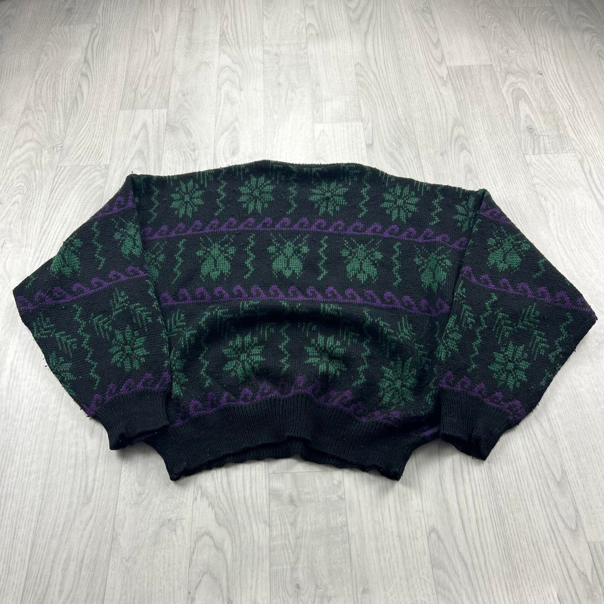 VINTAGE 90s PATTERN KNITTED JUMPER BLACK / GREEN