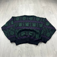 VINTAGE 90s PATTERN KNITTED JUMPER BLACK / GREEN