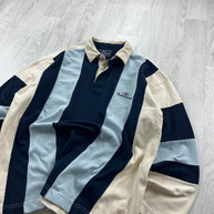 VINTAGE Y2K STRIPED LONG SLEEVE RUGBY POLO SHIRT WHITE BLUE
