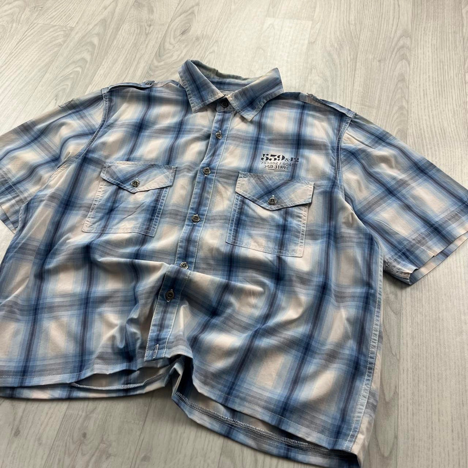 VINTAGE 00s CHEROKEE CHECKERED CROPPED SHORT SLEEVE BUTTON UP SHIRT BLUE WHITE