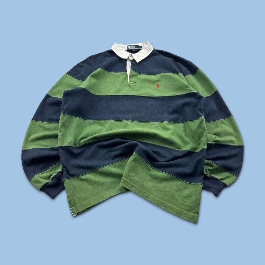 VINTAGE Y2K RALPH LAUREN STRIPED LONG SLEEVE RUGBY POLO SHIRT GREEN / NAVY