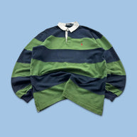 VINTAGE Y2K RALPH LAUREN STRIPED LONG SLEEVE RUGBY POLO SHIRT GREEN / NAVY