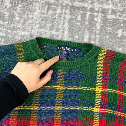 VINTAGE 90s NAUTICA PATTERN CHUNKY ESSENTIAL KNITTED JUMPER GREEN