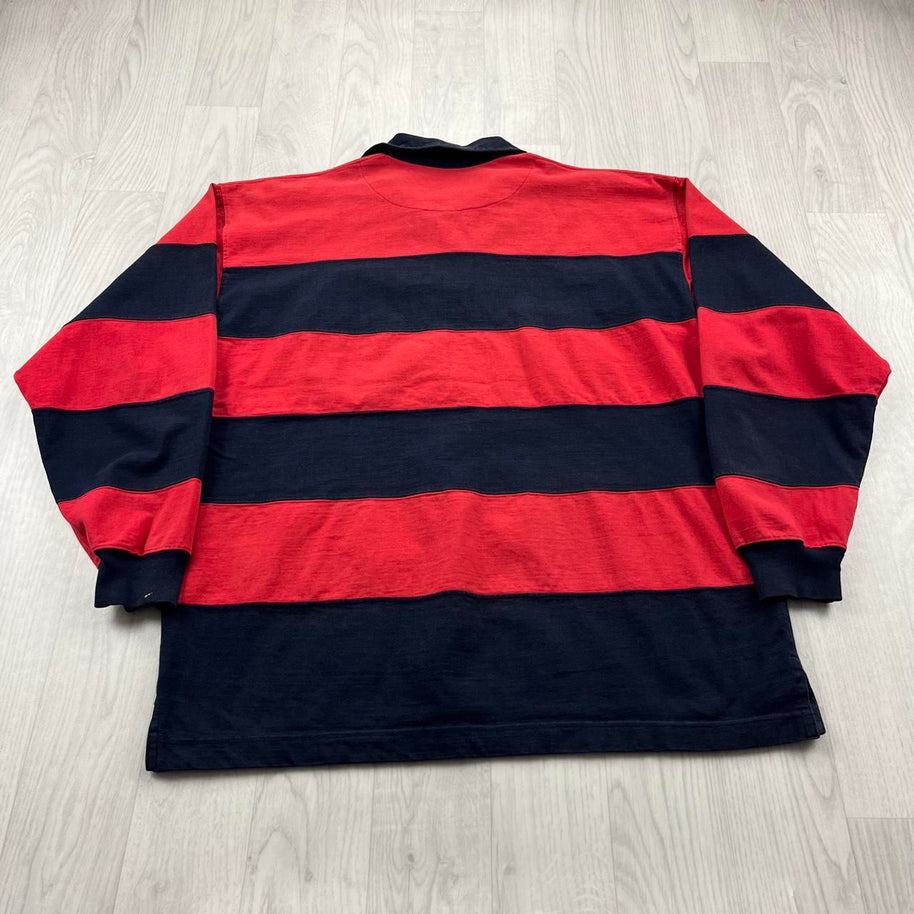 VINTAGE Y2K STRIPED LONG SLEEVE RUGBY POLO SHIRT RED NAVY